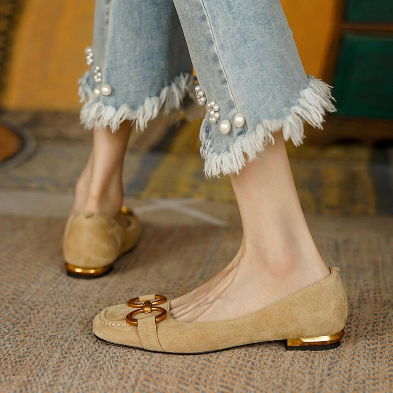 Dames platte schoenen vintage vierkante teen lederen dames veer casual platte elegante metalen gesp damesschoenen-white,35