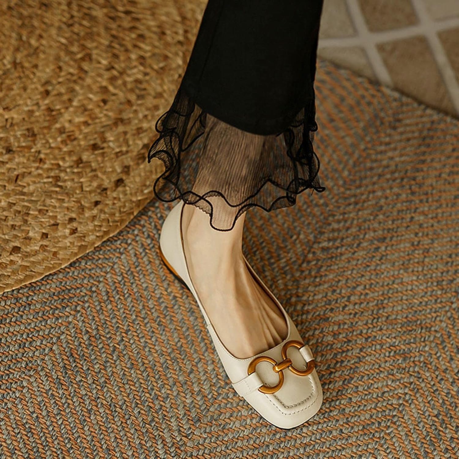 Dames platte schoenen vintage vierkante teen lederen dames veer casual platte elegante metalen gesp damesschoenen-white,35