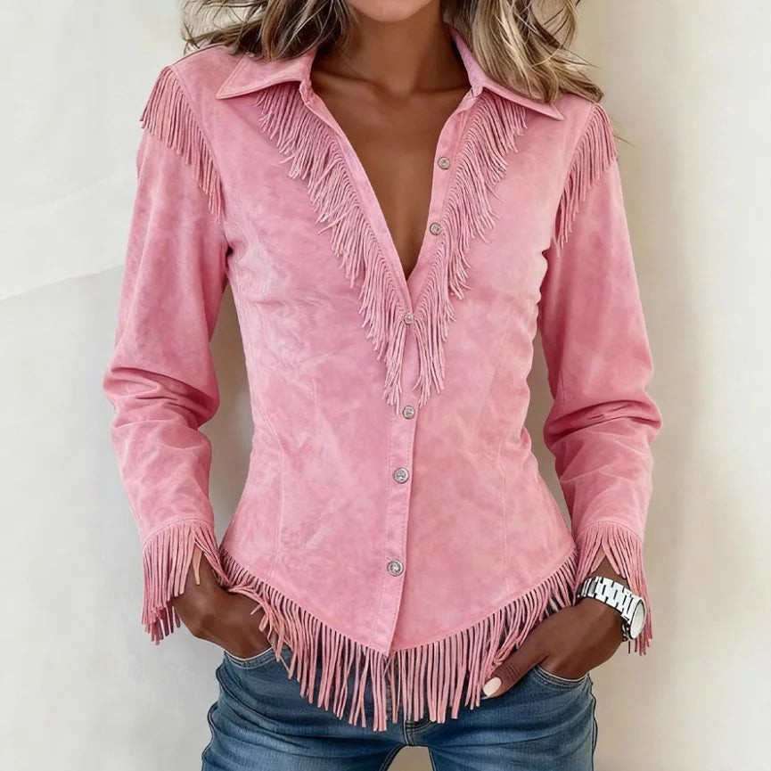 Sasha │ Fringe Suede Button-Up Blouse