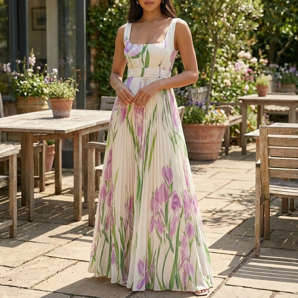 Serelina | Pleated Maxi Dress for Elegant Everyday Comfort