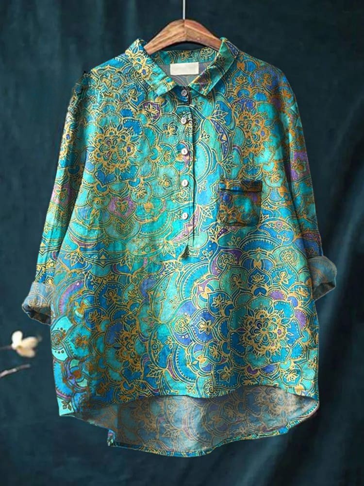 Women's Retro Art Print Casual Cotton And Linen Shirt