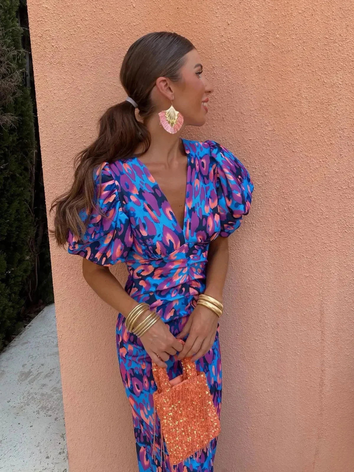 Lily – Colourful Puff Sleeve Midi Dress