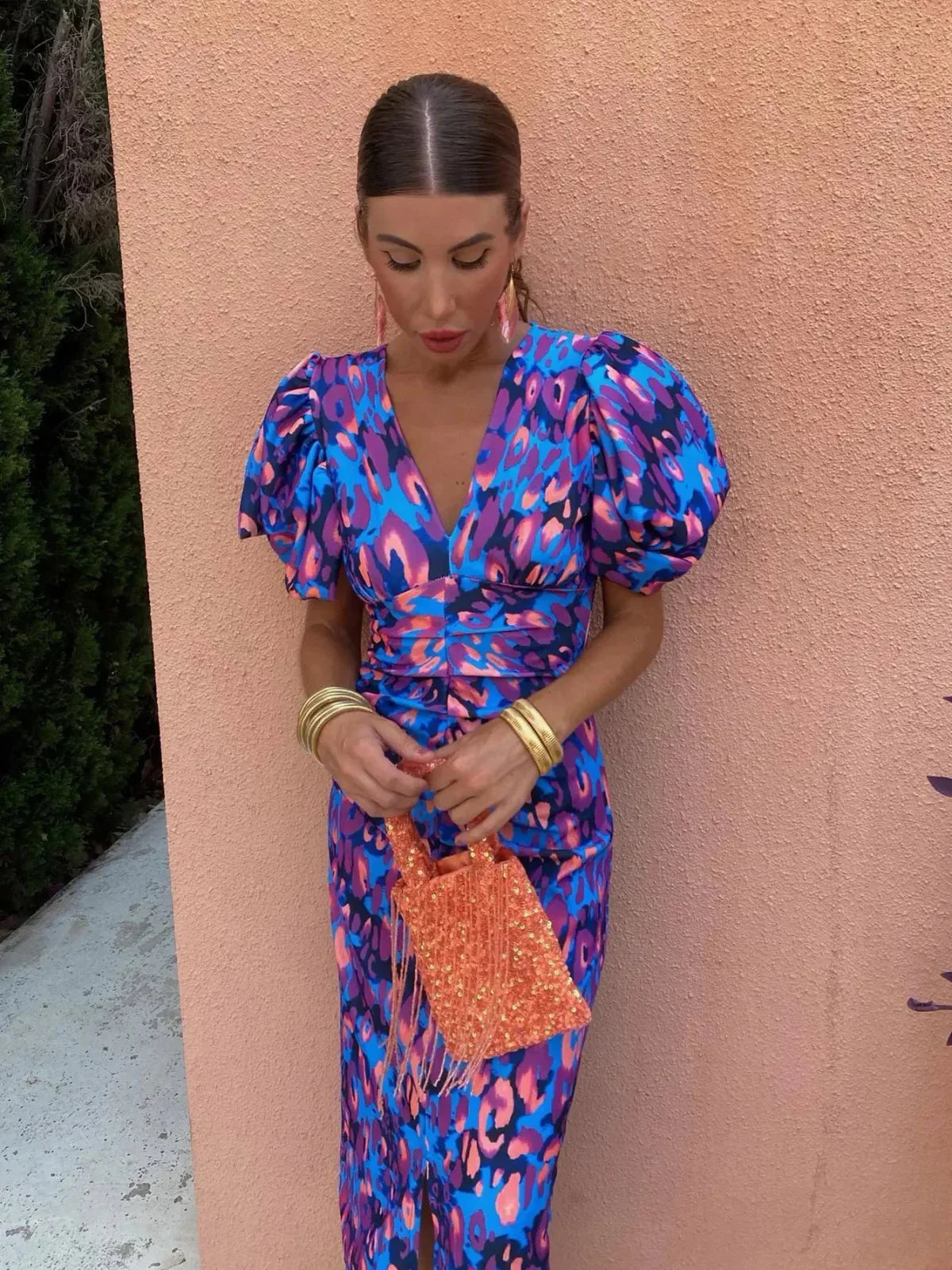 Lily – Colourful Puff Sleeve Midi Dress