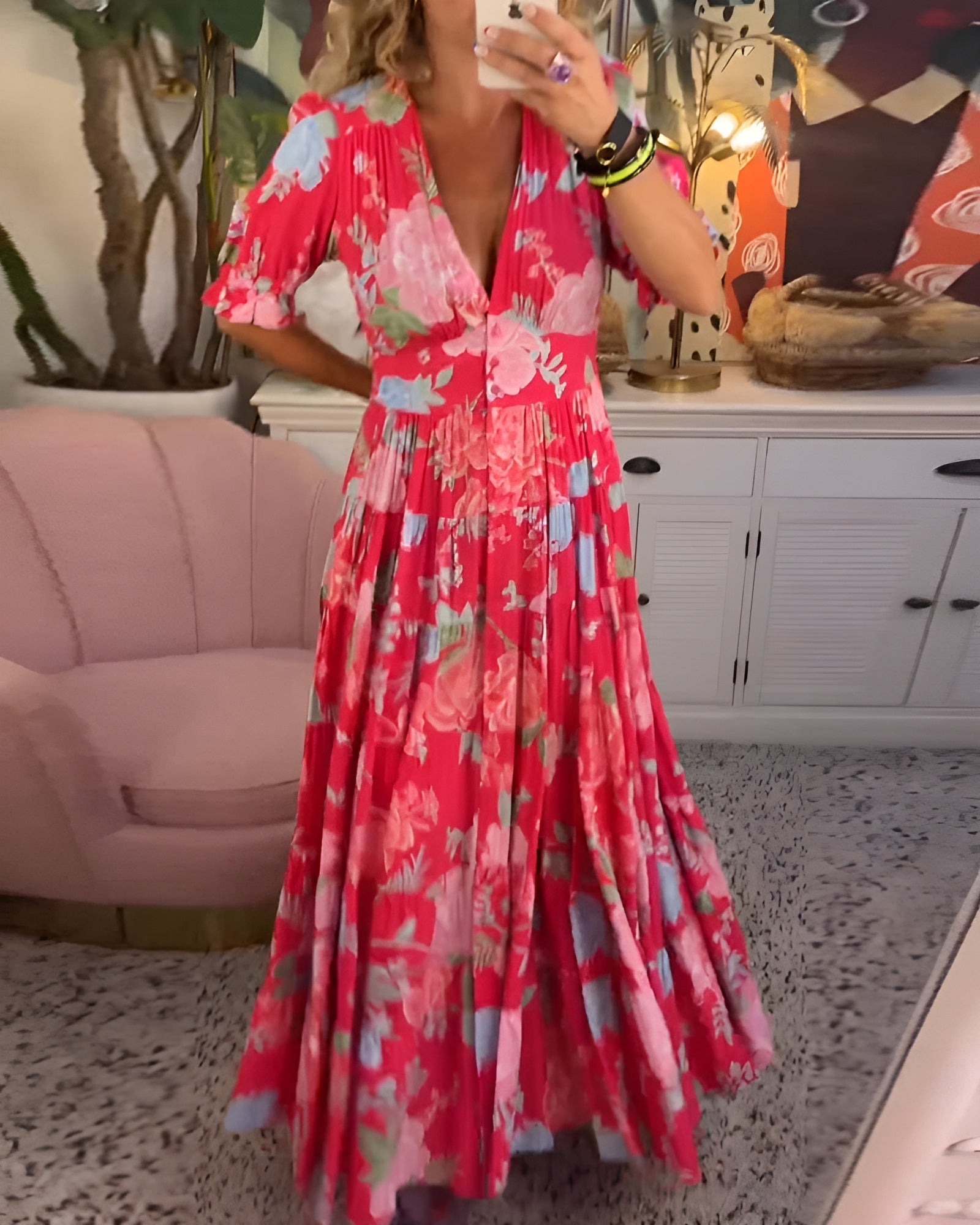 CARINE | Dress with Pockets and V-Neck in Floral Print