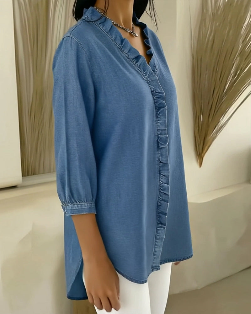 Elvaria | Elegant Denim Blouse with Soft Gathered Details