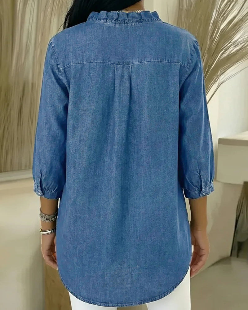 Elvaria | Elegant Denim Blouse with Soft Gathered Details