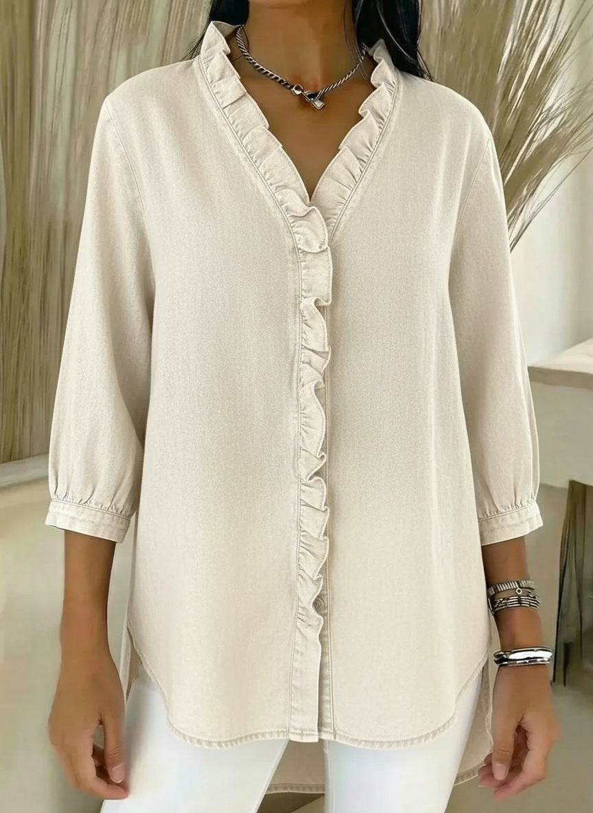 Elvaria | Elegant Denim Blouse with Soft Gathered Details