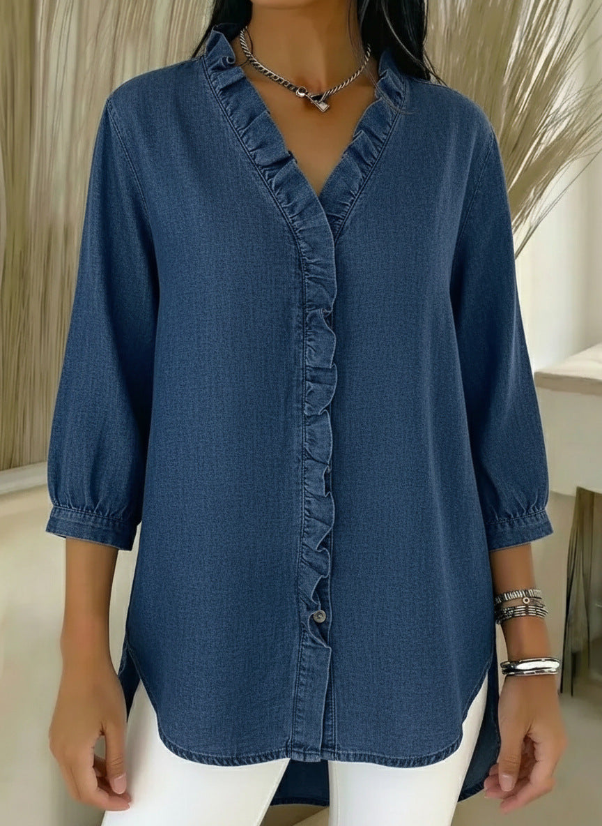 Elvaria | Elegant Denim Blouse with Soft Gathered Details