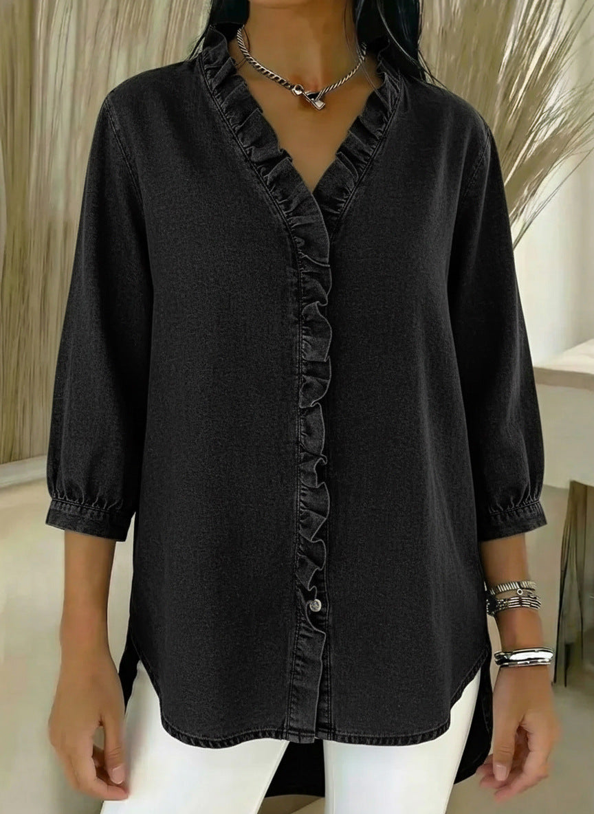 Elvaria | Elegant Denim Blouse with Soft Gathered Details