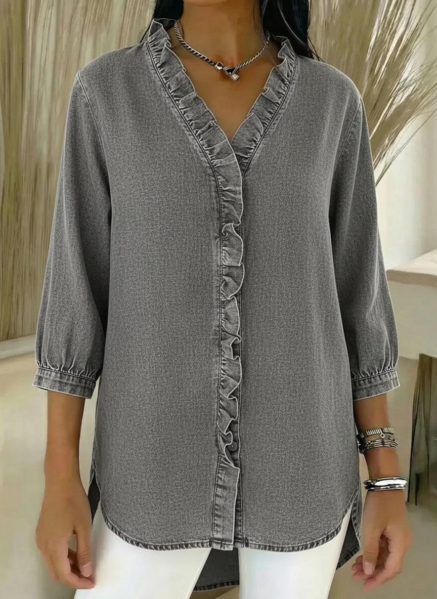 Elvaria | Elegant Denim Blouse with Soft Gathered Details