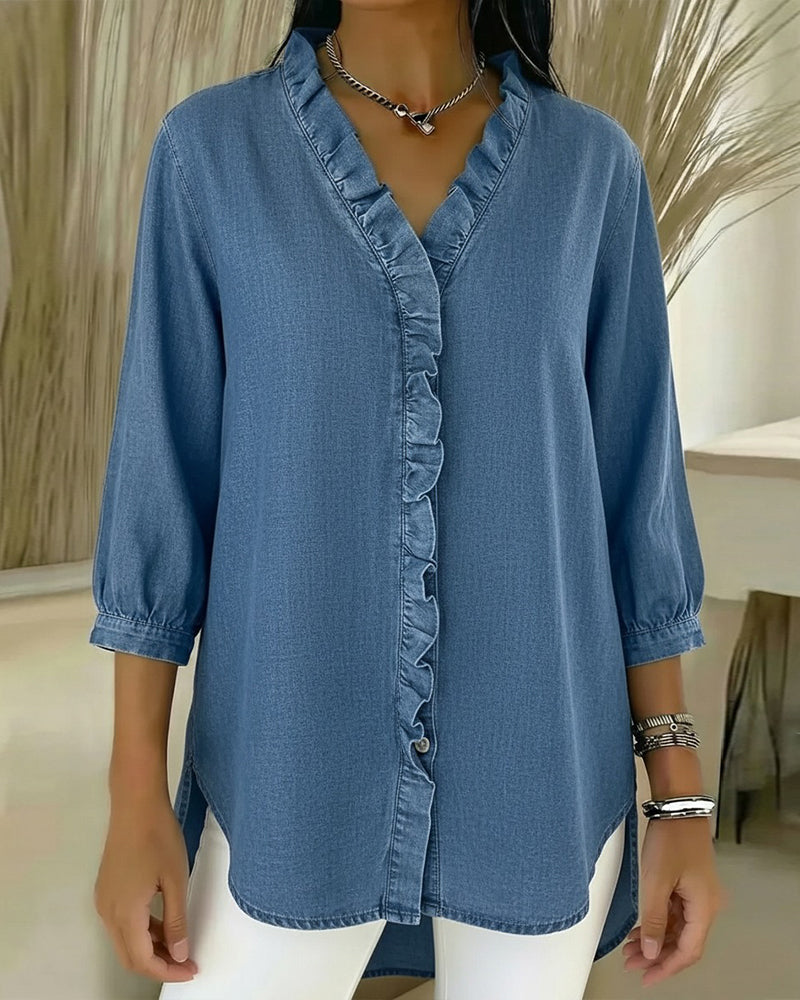 Elvaria | Elegant Denim Blouse with Soft Gathered Details