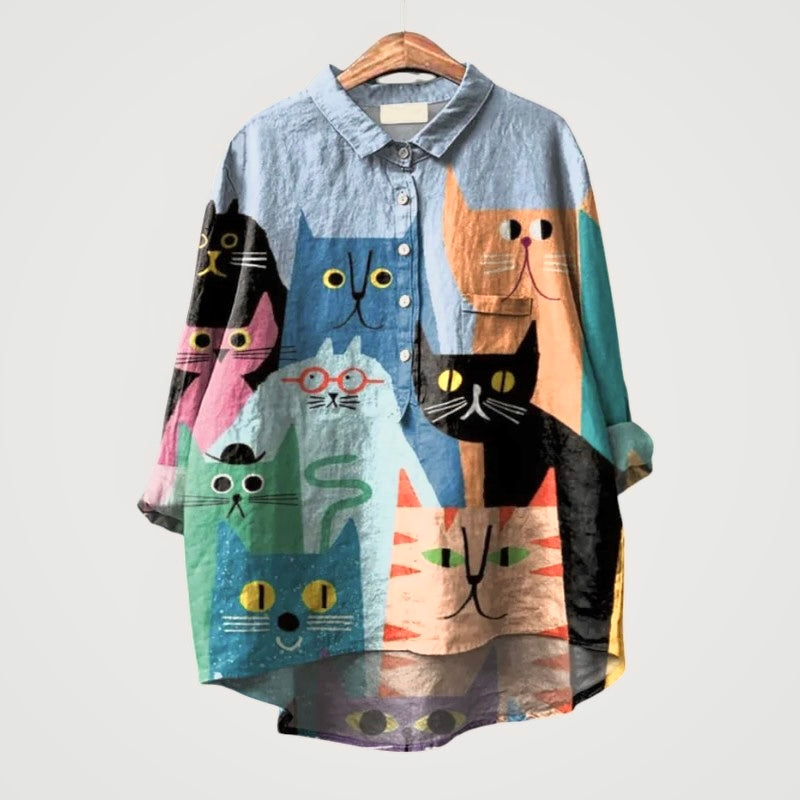 Cleo – Whimsical Cat Print Blouse