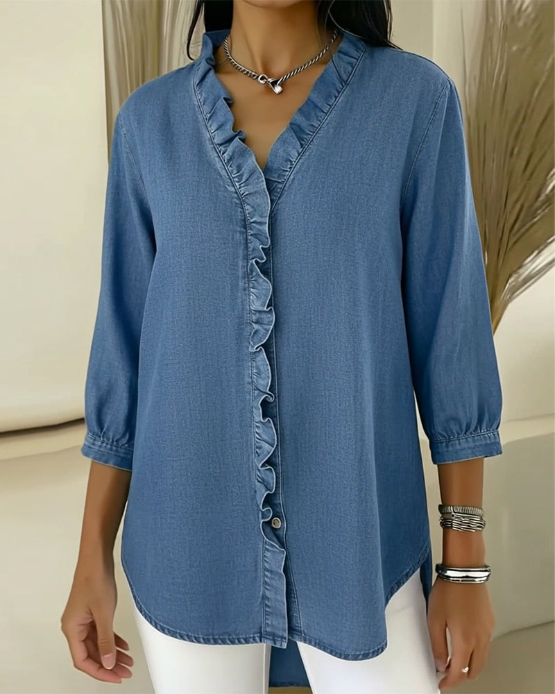 Elvaria | Elegant Denim Blouse with Soft Gathered Details